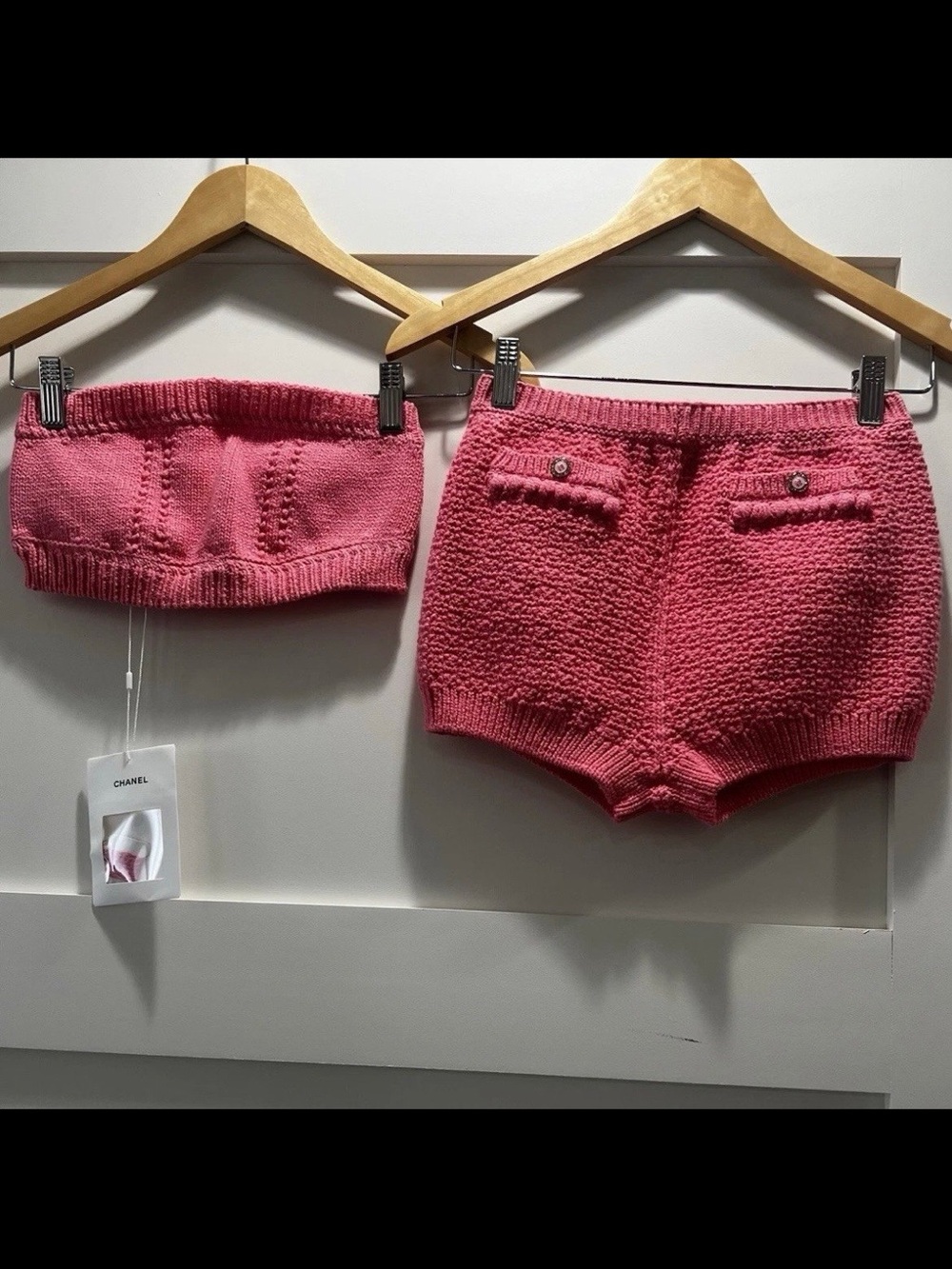 CHANEL SS22 RTW Pink Knit Shorts & Bandeau Top Set FR36